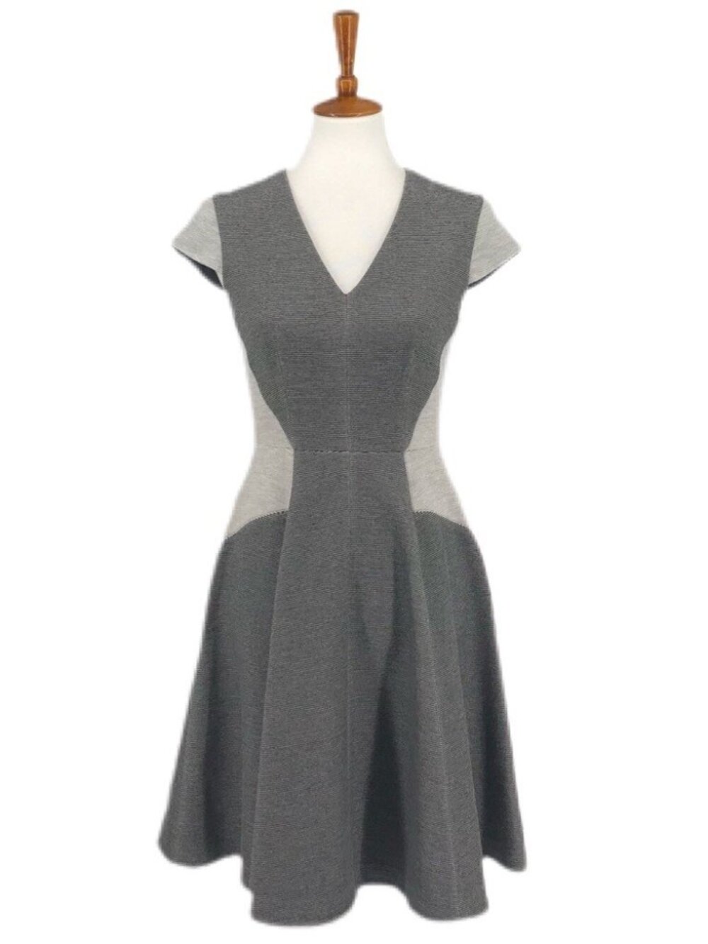 Rebecca Taylor Gray Colorblock Fit & Flare Dress V-Neck Cap Sleeve, Sz 6